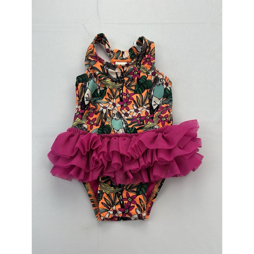 Cat & Jack Baby Girls 9M Tropical Parrot Tutu Swimsuit One Piece Pink Ruffle
